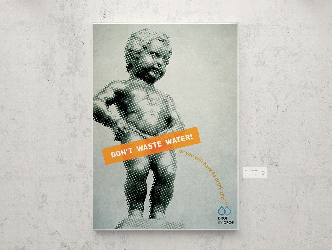 «Don't waste water» poster design for «DropByDrop» environmental initiative by Mick Lityuga